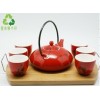 中国红瓷 釉中彩-提梁一壶六杯茶具